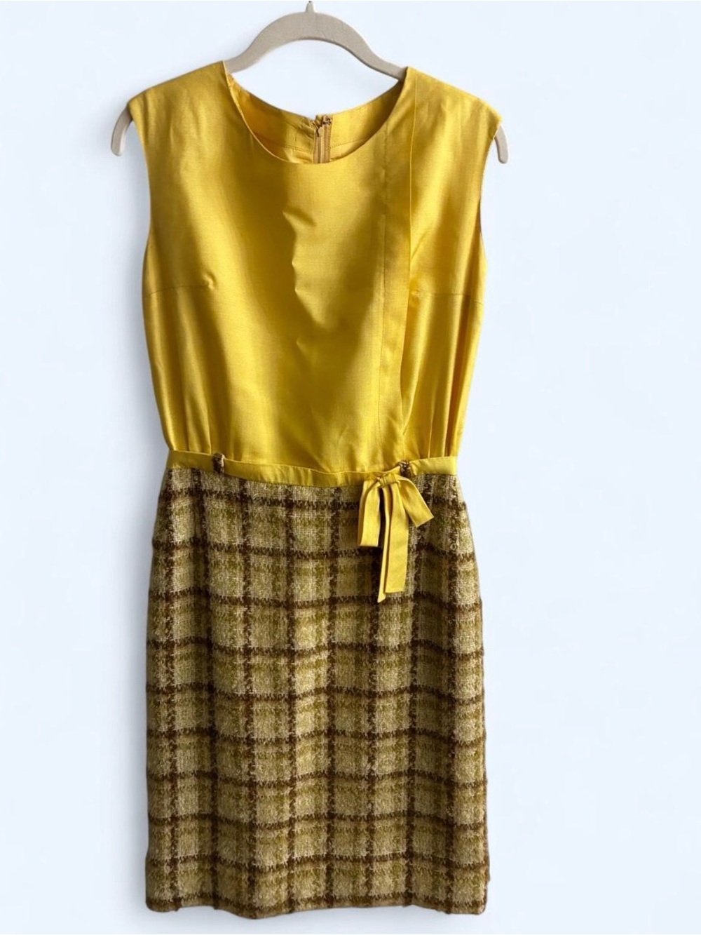 Vintage Yellow Plaid Sleeveless Sheath Dress